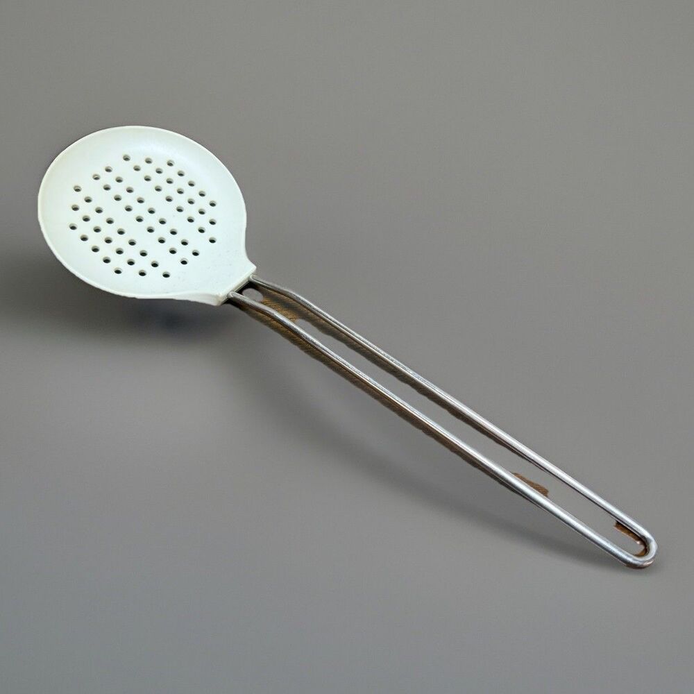 Williams Sonoma Open Kitchen Skimmer white plastic stainless steel handle spoon